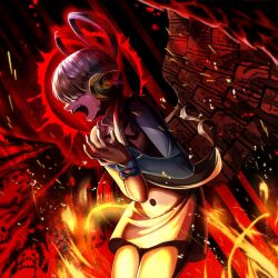 Rule 34 | 1girl, buttons, crying, dress, fire, hair over eyes, hair rings, headphones, highres, long hair, multicolored hair, one piece, one piece film: red, open mouth, red hair, split-color hair, tsuno (ikkakusu), twintails, two-tone hair, uta (one piece), white dress, white hair, wings