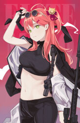 Rule 34 | 1girl, absurdres, adjusting eyewear, alternate costume, arm up, black jacket, black pants, black shirt, breasts, bright pupils, closed mouth, commentary, cowboy shot, cropped shirt, english commentary, eyewear on head, green eyes, gun, highres, holding necktie, hololive, jacket, jacket on shoulders, large breasts, long hair, navel, necktie, nuebunny, one side up, pants, pink hair, rifle, sakura miko, shirt, sniper rifle, solo, unworn necktie, virtual youtuber, weapon, white pupils