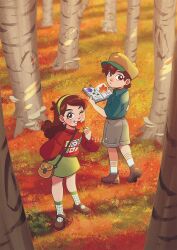 Rule 34 | 1boy, 1girl, 2023, artist name, autumn, autumn leaves, bag, beaniewinnie96, belt, blurry, book, braces, brother and sister, brown eyes, brown footwear, brown hair, cabbie hat, commentary, depth of field, dipper pines, english commentary, flower, full body, gravity falls, green skirt, grin, hat, highres, holding, holding book, holding leaf, kneehighs, leaf, long hair, long sleeves, looking at viewer, mabel pines, one eye closed, print shirt, puffy sleeves, shirt, shirt tucked in, shoes, short hair, short sleeves, shorts, shoulder bag, siblings, sideways glance, skirt, smile, socks, tree, twins