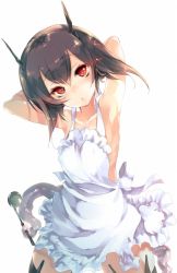 Rule 34 | 10s, 1girl, apron, arms behind head, blush, brown hair, collarbone, enemy naval mine (kancolle), flat chest, glowing, glowing eyes, hair between eyes, headgear, kamizuki shiki, kantai collection, looking at viewer, naked apron, red eyes, short hair, simple background, solo, taihou (kancolle), thighhighs, white apron, white background