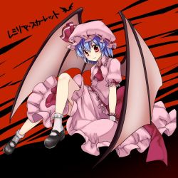 Rule 34 | 1girl, ascot, bat wings, blue hair, bow, character name, hat, hat bow, mary janes, mob cap, monrooru, red eyes, remilia scarlet, shoes, smile, solo, touhou, wings, wrist cuffs