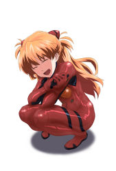 Rule 34 | 1girl, aoico blue8, bodysuit, breasts, closed eyes, fetal position, full body, happy, long hair, looking at viewer, medium breasts, neon genesis evangelion, open mouth, orange hair, plugsuit, red bodysuit, shiny clothes, smile, solo, souryuu asuka langley, squatting, twintails, wide hips