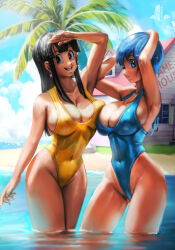 Rule 34 | 2girls, :d, absurdres, arms up, beach, black eyes, black hair, blue eyes, blue hair, blue one-piece swimsuit, blue sky, breasts, bulma, chi-chi (dragon ball), cloud, covered erect nipples, covered navel, curvy, dragon ball, earrings, elite nappa, highleg, highleg swimsuit, highres, house, island, jewelry, kame house, large breasts, long hair, multiple girls, ocean, one-piece swimsuit, one eye closed, open mouth, palm tree, shiny skin, short hair, sky, smile, standing, swimsuit, tree, water, wet, wide hips, yellow one-piece swimsuit