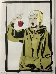 Rule 34 | 1girl, apple, baggy clothes, black border, blonde hair, border, chainsaw man, dyed hair, eyebrows, eyelashes, fang, fangs, female focus, food, forehead, fruit, green hoodie, hand in pocket, holding, holding food, hood, hood down, hoodie, kaku yuuji, long sleeves, open mouth, pale skin, parted bangs, pocket, sawatari akane (chainsaw man), sharp teeth, short hair, sleeves past elbows, slit pupils, solo, solo focus, teeth, tongue, tongue out, white background, yellow eyes