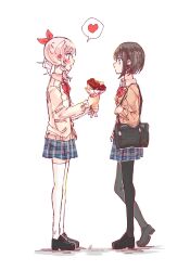 Rule 34 | 1girl, 1other, akiyama mizuki, bag, bouquet, bow, bowtie, braid, brown cardigan, brown eyes, brown hair, cardigan, collared shirt, commentary request, flower, full body, hair ribbon, heart, highres, holding, holding bouquet, kamiyama high school uniform (project sekai), long hair, long sleeves, open mouth, pantyhose, pink eyes, pink hair, plaid, plaid skirt, project sekai, ribbon, rose, school bag, school uniform, shinonome ena, shirt, short hair, side ponytail, simple background, skirt, spoken heart, striped bow, striped bowtie, striped clothes, tenpe ee, thighhighs, twitter username, white background