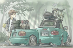 Rule 34 | 1boy, baseball cap, bicycle, bird, black jacket, brown headwear, car, eunos roadster, exhaust pipe, grass, green car, hat, hiking, holding, jacket, license plate, looking to the side, mazda, mazda mx-5, mazda mx-5 na, motor vehicle, on ground, original, rabienu, shirt, shoes, signature, simple background, sneakers, sunlight, trailer, tree, vehicle focus, walking, white shirt, white sneakers