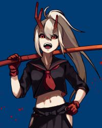 Rule 34 | 1girl, :o, black sailor collar, black sclera, black shirt, blonde hair, blue background, breasts, collarbone, colored sclera, cropped shirt, gloves, hand on own hip, high ponytail, highres, himurohiromu, hip vent, holding, horns, long hair, looking at viewer, medium breasts, navel, neckerchief, open mouth, orange eyes, original, pleated skirt, red gloves, red neckerchief, sailor collar, school uniform, serafuku, shirt, skirt, solo, teeth, tongue