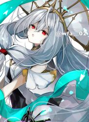 Rule 34 | 1girl, arknights, artist name, bare shoulders, commentary request, front ponytail, grey hair, hair between eyes, itsuki 02, long hair, looking at viewer, official alternate costume, open mouth, red eyes, skadi (arknights), skadi the corrupting heart (arknights), skadi the corrupting heart (sublimation) (arknights), solo, twitter username, very long hair