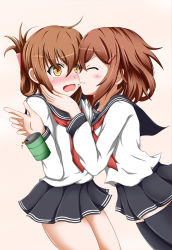 Rule 34 | 10s, 2girls, black legwear, brown eyes, brown hair, drum (container), closed eyes, fang, folded ponytail, hair ornament, hairclip, highres, ikazuchi (kancolle), inazuma (kancolle), ion (artist), kantai collection, multiple girls, oil, open mouth, personification, school uniform, serafuku, short hair, skirt, smile, thighhighs