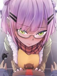 Rule 34 | 1girl, absurdres, alternate costume, alternate hair length, alternate hairstyle, blush, casual, checkered clothes, checkered scarf, chocolate, coat, demon girl, demon tail, ear piercing, food, full-face blush, fur trim, glasses, green eyes, hair ornament, hairclip, highres, holding, holding chocolate, holding food, hololive, looking at viewer, multicolored hair, piercing, pov, purple hair, ribbon, scarf, semi-rimless eyewear, shirt, tail, tail ornament, tail piercing, therrao, tokoyami towa, virtual youtuber, yellow shirt