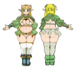 Rule 34 | ass, bikini, blonde hair, breasts, character sheet, concept art, elf, kawacchi hirohiro, large breasts, miniskirt, multiple views, plump, pointy ears, skirt, swimsuit, thick thighs, thighhighs, thighs