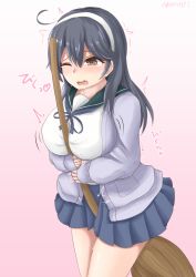 Rule 34 | 1girl, ahoge, black hair, blue neckerchief, blue sailor collar, blue skirt, breasts, broom, brown eyes, cardigan, commentary request, cowboy shot, gradient background, highres, kantai collection, large breasts, long hair, neckerchief, open cardigan, open clothes, pleated skirt, purple cardigan, pussy juice, sailor collar, school uniform, serafuku, sexually suggestive, sinape, skirt, solo, sweat, trembling, ushio (kancolle)