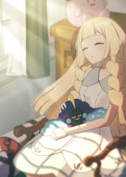 Rule 34 | 1girl, bag, chair, closed eyes, closed mouth, cosmog, creature, creature on lap, creatures (company), game freak, gen 7 pokemon, hand on another&#039;s head, headpat, highres, legendary pokemon, lillie (pokemon), nako (nekono shippo75), nintendo, on lap, open mouth, pokemon, pokemon (creature), pokemon sm, shelf, sleeping, sleeping upright, stuffed toy, sunlight, window
