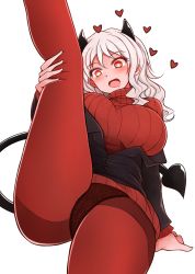 Rule 34 | 1girl, :d, arano oki, arm support, black jacket, blush, breasts, commentary request, demon girl, demon horns, demon tail, drooling, feet out of frame, formal, hair between eyes, hand on own thigh, head tilt, heart, heart-shaped pupils, helltaker, horns, jacket, large breasts, leg up, long sleeves, looking at viewer, modeus (helltaker), mouth drool, off shoulder, open clothes, open jacket, open mouth, panties, panties under pantyhose, pantyhose, red eyes, red pantyhose, red sweater, ribbed sweater, silver hair, smile, solo, suit, sweater, symbol-shaped pupils, tail, thighband pantyhose, turtleneck, turtleneck sweater, underwear, white background