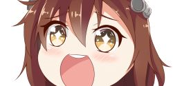 Rule 34 | 10s, 1girl, brown eyes, brown hair, eyebrows, gradient eyes, hair between eyes, headgear, kantai collection, looking at viewer, multicolored eyes, nahaki, open mouth, portrait, round teeth, simple background, sin-poi, solo, sparkling eyes, symbol-shaped pupils, teeth, white background, yukikaze (kancolle)