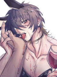Rule 34 | 2boys, animal ears, black choker, black hair, blonde hair, choker, cup, drinking glass, eyepatch, fake animal ears, hair ornament, hairclip, highres, holding, holding cup, male focus, male playboy bunny, medium hair, multicolored hair, multiple boys, nemuina, rabbit ears, scar, scar on face, signature, sketch, slow damage, tongue, tongue out, towa (slow damage), white background, wine glass, yaoi, yellow eyes