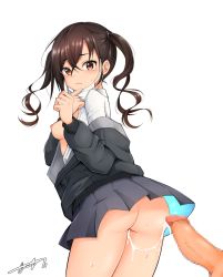 Rule 34 | 1girl, ass, bad id, bad pixiv id, black jacket, black skirt, bloody0rabby, blush, breasts, brown eyes, brown hair, censored, closed mouth, clothes lift, collared shirt, cum, cum in pussy, cum string, cumdrip, dress shirt, ejaculation, hair between eyes, highres, idolmaster, idolmaster cinderella girls, jacket, long hair, long sleeves, looking at viewer, looking back, mask, mask pull, medium breasts, mole, mole under eye, mosaic censoring, mouth mask, nipples, off shoulder, open clothes, open shirt, penis, shirt, sideboob, signature, skirt, skirt lift, solo focus, sunazuka akira, surgical mask, sweat, tears, thighs, twintails, wavy mouth, white background, white shirt, wind, wind lift