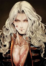 Rule 34 | 1boy, alucard (castlevania), bishounen, black background, black jacket, black shirt, blood, blood on face, castlevania (series), collarbone, curly hair, dhampir, grey hair, half-human, jacket, long hair, looking at viewer, male focus, open clothes, open jacket, parted bangs, pectorals, portrait, scar, scar on chest, shirt, solo, undead, vampire, vhyrel, yellow eyes