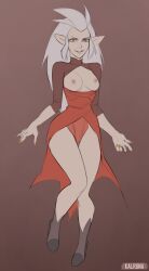 Rule 34 | 1girl, absurdres, breasts, breasts out, edalyn clawthorne, heterochromia, highres, kalruna, medium breasts, orange nails, pointy ears, the owl house, white hair