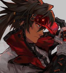 Rule 34 | 1boy, belt, brown eyes, brown hair, concrete, english text, found modori, from side, gloves, guilty gear, guilty gear xx, hair between eyes, hair over one eye, headband, highres, holding, holding weapon, huge weapon, long hair, looking to the side, male focus, multiple belts, open mouth, order-sol, ponytail, profile, red headwear, slit pupils, sol badguy, solo, upper body, very long hair, weapon, white gloves