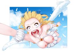 Rule 34 | 1girl, arm up, armpits, bare shoulders, belt, blonde hair, blue bow, bow, bracelet, breasts, breasts out, cloud, collarbone, day, dress, feathered wings, feathers, flying, foreshortening, hair bow, halterneck, highres, jewelry, kono yuusha ga ore tueee kuse ni shinchou sugiru, large breasts, long hair, looking at viewer, nipples, no bra, open mouth, outside border, puffy short sleeves, puffy sleeves, purple belt, purple eyes, ristarte (kono yuusha ga ore tueee kuse ni shinchou sugiru), sandals, sanpaku, short sleeves, sky, solo, tears, teeth, twt, very long hair, wardrobe malfunction, white dress, white wings, wings