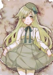 Rule 34 | 1boy, beret, blush, clothes lift, crossdressing, green eyes, green hair, hat, hat ornament, looking at viewer, male focus, open mouth, pantyhose, pin, pinocchio (sinoalice), reality arc (sinoalice), sad, sinoalice, skirt, skirt lift, solo, suspender skirt, suspenders, teroru, trap, white pantyhose