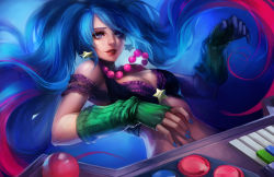 Rule 34 | 1girl, arcade sona, bare shoulders, bra, breasts, instrument, ippus, jewelry, large breasts, league of legends, lips, long hair, multicolored hair, necklace, purple hair, resolution mismatch, solo, sona (league of legends), source larger, twintails, underwear
