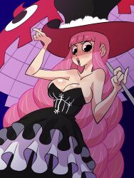 Rule 34 | 1girl, bare arms, bare shoulders, black dress, black eyes, breasts, cleavage, collarbone, dress, drill hair, flower, hand on own hip, hand up, hat, hat flower, highres, holding, holding umbrella, large breasts, long hair, one piece, open mouth, perona, pink hair, podrace explode, shiny skin, simple background, solo, strapless, strapless dress, umbrella, very long hair, white flower