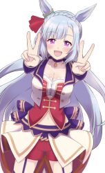 Rule 34 | 1girl, :d, animal ears, blue hair, blush, bow, braid, breasts, choker, cleavage, collarbone, commentary request, cowboy shot, crop top, cropped jacket, crown braid, double v, ear ribbon, frills, garter straps, highres, horse ears, horse girl, hoshino ouka, jacket, long hair, long sleeves, looking at viewer, mejiro ardan (umamusume), midriff, navel, open clothes, open jacket, open mouth, outstretched arms, purple choker, purple eyes, red ribbon, red shirt, red shorts, ribbon, shirt, shorts, showgirl skirt, simple background, skirt, smile, solo, strapless, strapless shirt, umamusume, v, white background, white jacket, white skirt