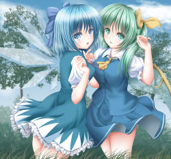 Rule 34 | 2girls, akino irori, arms up, ascot, blue dress, blue eyes, blue hair, blue skirt, blue sky, blue vest, bow, cirno, cloud, commentary, cowboy shot, cropped legs, daiyousei, day, dress, fairy wings, from side, grass, green eyes, green hair, hair bow, hair ribbon, head tilt, highres, looking at viewer, looking back, multiple girls, open mouth, outdoors, petticoat, pinafore dress, puffy short sleeves, puffy sleeves, ribbon, shirt, short hair, short sleeves, side ponytail, skirt, sky, sleeveless dress, standing, touhou, tree, vest, white shirt, wind, wind lift, wings, yellow ascot
