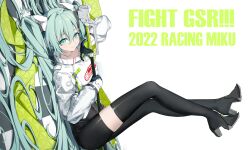Rule 34 | 1girl, absurdres, bodysuit, english text, flag, green eyes, green flag, green hair, hatsune miku, highres, holding, holding flag, looking at viewer, racing miku, racing miku (2022), simple background, solo, vocaloid, white background, xy wang