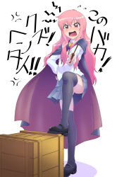 Rule 34 | 1girl, angry, cloak, crate, fang, highres, louise francoise le blanc de la valliere, mary janes, miniskirt, open mouth, panties, pantyshot, pink eyes, pink hair, pink panties, shoes, skirt, solo, thighhighs, underwear, upskirt, wand, wavy hair, yosssy, zero no tsukaima
