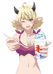 Rule 34 | 1girl, ;d, ahoge, bikini, blonde hair, blue eyes, breasts, chest jewel, cleavage, earrings, food, holding, holding food, holding spoon, horns, jewelry, kageyasu, kora (xenoblade), large breasts, navel, one eye closed, open mouth, pointy ears, purple bikini, shaved ice, short hair, simple background, smile, solo, spoon, stomach, swimsuit, upper body, white background, xenoblade chronicles (series), xenoblade chronicles 2