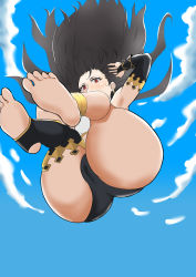 Rule 34 | 1girl, arm up, armpits, ass, barefoot, black hair, black panties, bra, cameltoe, cloud, detached sleeves, earrings, fate/grand order, fate (series), feet, from below, gold trim, highres, huge ass, ishtar (fate), jewelry, long hair, looking at viewer, monochrome, panties, red eyes, roruamero, single thighhigh, sky, solo, thighhighs, thighs, toeless legwear, underwear, white bra