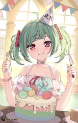Rule 34 | ahoge, bare shoulders, birthday, birthday cake, bracelet, cake, collarbone, commentary, commentary request, delutaya, diagonal bangs, english commentary, food, fork, green hair, highres, icwine, indie virtual youtuber, jewelry, knife, mixed-language commentary, off shoulder, puffy short sleeves, puffy sleeves, red eyes, short sleeves, solo, tongue, tongue out, triangle hair ornament, twintails, twitter username, utaite, virtual youtuber