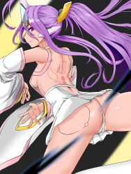 Rule 34 | 1girl, arc system works, artist request, ass, back, bare shoulders, blazblue, breasts, cameltoe, detached sleeves, from behind, hades izanami, headgear, highres, kicking, long hair, looking at viewer, looking back, panties, parted lips, ponytail, purple hair, red eyes, shiny skin, sideboob, skirt, smile, solo, thighhighs, underwear, very long hair