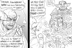 Rule 34 | 1girl, 5boys, :d, armor, bad id, bald, bb (baalbuddy), cigar, commentary, english commentary, english text, eyepatch, female goblin, full armor, goblin, greyscale, highres, holding, holding cigar, holding person, inactive account, jitome, long hair, mask, monochrome, multiple boys, netorare, one eye covered, open mouth, original, paladin (baalbuddy), pauldrons, pointy ears, profanity, sharp teeth, shoulder armor, simple background, smile, smoke, smoking, smug, sweat, teeth, upper teeth only, white background