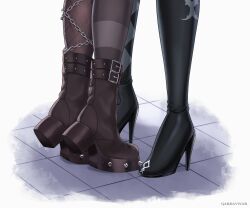 Rule 34 | 2girls, artist name, asymmetrical legwear, black footwear, black socks, black thighhighs, boots, chain, close-up, commentary, english commentary, feet only, fishnet socks, fishnets, gardavwar, high heel boots, high heels, highres, hololive, hololive english, implied kiss, kiss, lower body, mismatched legwear, multiple girls, nerissa ravencroft, nerissa ravencroft (1st costume), platform footwear, platform heels, shiori novella, shiori novella (1st costume), simple background, single thighhigh, socks, spiked footwear, standing, striped clothes, striped thighhighs, thighhighs, tile floor, tiles, tiptoe kiss, tiptoes, virtual youtuber, white background, yuri