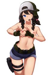 Rule 34 | 1girl, :3, absurdres, backwards hat, bandaid, bandaid on face, baseball cap, black hair, blue eyes, blush, braid, breasts, closed mouth, collarbone, daydream (zhdkffk21), denim, denim shorts, fingerless gloves, gloves, green gloves, hair between eyes, hair bobbles, hair ornament, hat, headset, heart-shaped boob challenge, highres, holster, looking at viewer, medium breasts, nipples, one eye closed, original, short shorts, shorts, simple background, smile, solo, thigh gap, thigh holster, thigh strap, topless, twin braids, twintails, white background