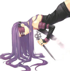 Rule 34 | 00s, blindfold, detached sleeves, fate/stay night, fate (series), long hair, lowres, medusa (fate), medusa (rider) (fate), non-web source, purple hair, solo, weapon