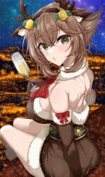 1girl alcohol animal_costume antlers back breasts brown_dress brown_hair champagne champagne_flute chamumi_(mochiumee) christmas city_lights cityscape cleavage cup dress drinking_glass fake_antlers fur-trimmed_dress fur_trim gloves green_eyes highres holding holding_cup horns kantai_collection large_breasts looking_at_viewer looking_back mutsu_(kancolle) night reindeer_antlers reindeer_costume sash short_hair sitting sky smile solo star_(sky) starry_sky