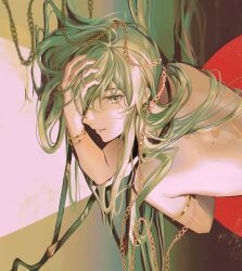 Rule 34 | 1boy, armlet, bishounen, cangchen, chain, commentary request, enkidu (fate), eyelashes, fate/grand order, fate (series), gold bracelet, gold chain, green background, green eyes, green hair, hair over one eye, hand on own head, long hair, looking at viewer, male focus, mole, mole on back, parted lips, simple background, smile, solo, stitched back, teeth, topless male, upper body, very long hair