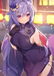 Rule 34 | 1girl, alternate costume, bare shoulders, black dress, blush, breasts, china dress, chinese clothes, choker, closed mouth, cone hair bun, covered navel, double bun, dress, flower, genshin impact, gloves, hair bun, hair flower, hair ornament, half-closed eyes, hand on own chest, highres, keqing (genshin impact), lantern, large breasts, leaning forward, long hair, looking at viewer, nahaki, night, pink eyes, purple hair, sideboob, sleeveless, sleeveless dress, smile, solo, twintails