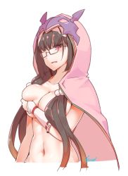 Rule 34 | 1girl, black hair, blush, breasts, eiri (eirri), fate/grand order, fate (series), glasses, hairband, hood, large breasts, long hair, looking at viewer, low twintails, naked hood, osakabehime (fate), purple eyes, simple background, solo, twintails, upper body, very long hair, white background