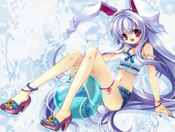 Rule 34 | 1girl, animal ears, ball, beachball, breasts, rabbit ears, choker, feet, female focus, full body, long hair, nail, navel, open mouth, plant, purple hair, red eyes, reisen udongein inaba, sandals, solo, toes, touhou, white background