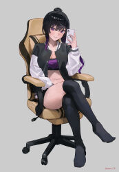 Rule 34 | 1girl, absurdres, black hair, black jacket, breasts, cellphone, chair, cleavage, collarbone, crop top, crossed legs, full body, gaming chair, grey background, hair ornament, high ponytail, highres, jacket, large breasts, light smile, long hair, long sleeves, looking at viewer, midriff, multicolored clothes, multicolored hair, multicolored jacket, navel, no shoes, open clothes, open jacket, original, parted lips, phone, ponytail, purple hair, purple tank top, sidelocks, simple background, sitting, smartphone, solo, sooon, stomach, swivel chair, tank top, teeth, thighhighs, thighs, two-tone hair, two-tone jacket, white jacket, x hair ornament