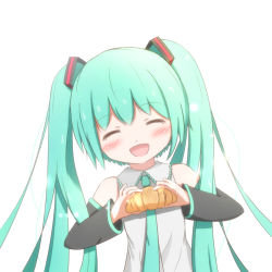 Rule 34 | 1girl, aqua hair, bad id, bad pixiv id, blue hair, blush, closed eyes, croissant, detached sleeves, food, hatsune miku, head tilt, long hair, necktie, open mouth, p-man-p-man, simple background, solo, twintails, upper body, vocaloid, white background