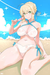Rule 34 | 1girl, ahoge, alternate breast size, artoria pendragon (all), artoria pendragon (fate), artoria pendragon (swimsuit archer) (fate), artoria pendragon (swimsuit archer) (first ascension) (fate), bare shoulders, barefoot, beach, bikini, blonde hair, blue sky, blush, breasts, cameltoe, cleavage, cloud, covered erect nipples, day, fate/grand order, fate/stay night, fate (series), food, green eyes, large breasts, looking at viewer, navel, ocean, outdoors, pink crown, popsicle, saber (fate), sitting, sky, smile, solo, swimsuit, wariza, white bikini