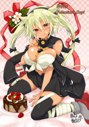 Rule 34 | 1girl, bare shoulders, blush, breasts, budget sarashi, cake, checkered background, chocolate cake, cleavage, commentary request, cream, cream on face, dark-skinned female, dark skin, flower, food, food on face, fruit, glasses, gorget, green hair, kantai collection, large breasts, long hair, looking at viewer, mashiro yukiya, musashi (kancolle), musashi kai (kancolle), red eyes, red ribbon, ribbon, ribbon-trimmed skirt, ribbon trim, sarashi, sitting, smile, solo, strawberry, thighhighs, tongue, tongue out, valentine, white hair