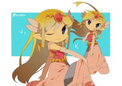 Rule 34 | 1girl, artist name, belt, blonde hair, blue eyes, blush, dress, floating hair, gloves, jewelry, long dress, long hair, multicolored hair, multiple views, necklace, nintendo, one eye closed, parted lips, pink dress, princess zelda, skirt hold, the legend of zelda, the legend of zelda: spirit tracks, the legend of zelda: the wind waker, tiara, tokuura, toon zelda